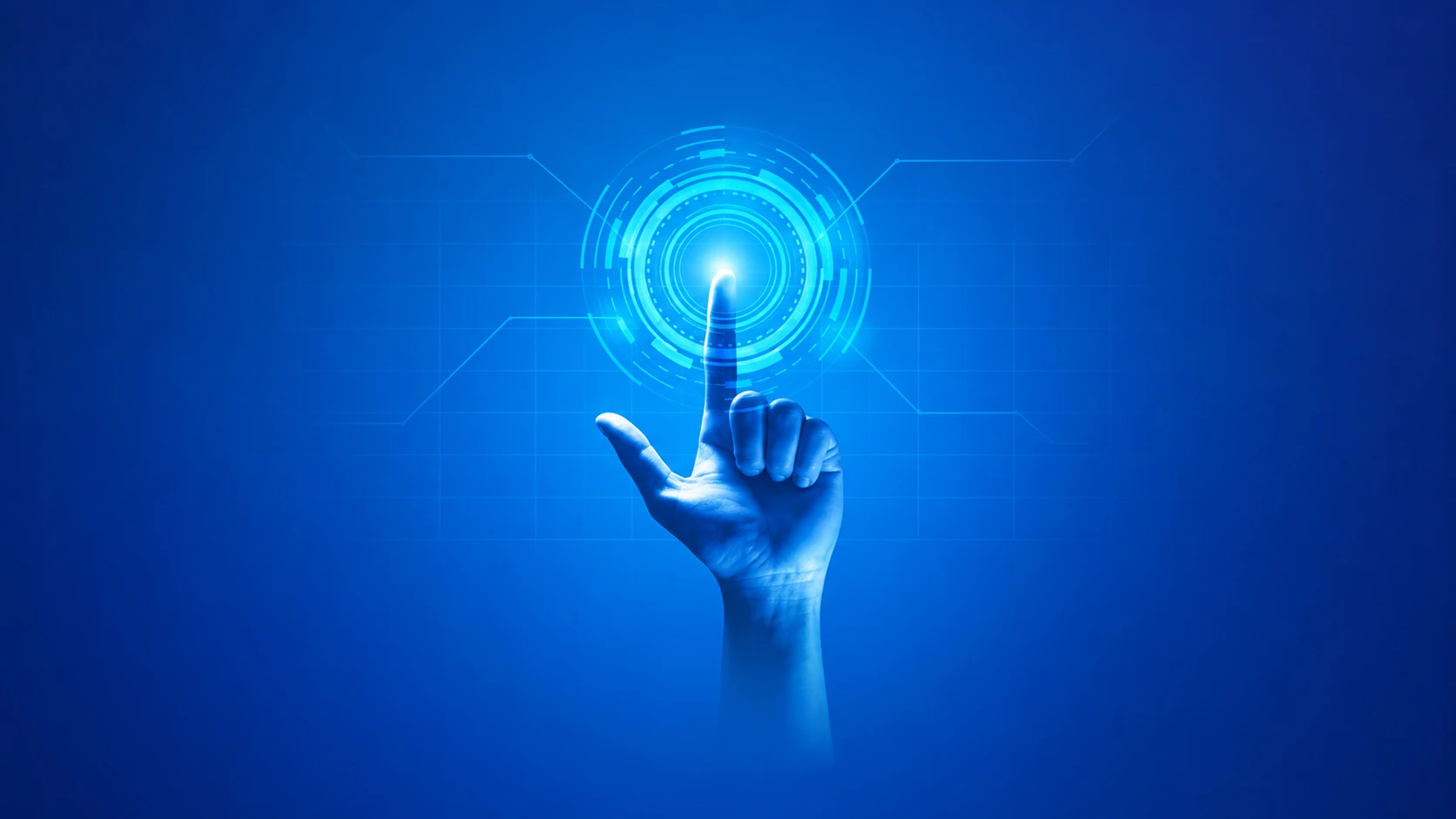 A hand touching a glowing digital interface in a blue technology environment