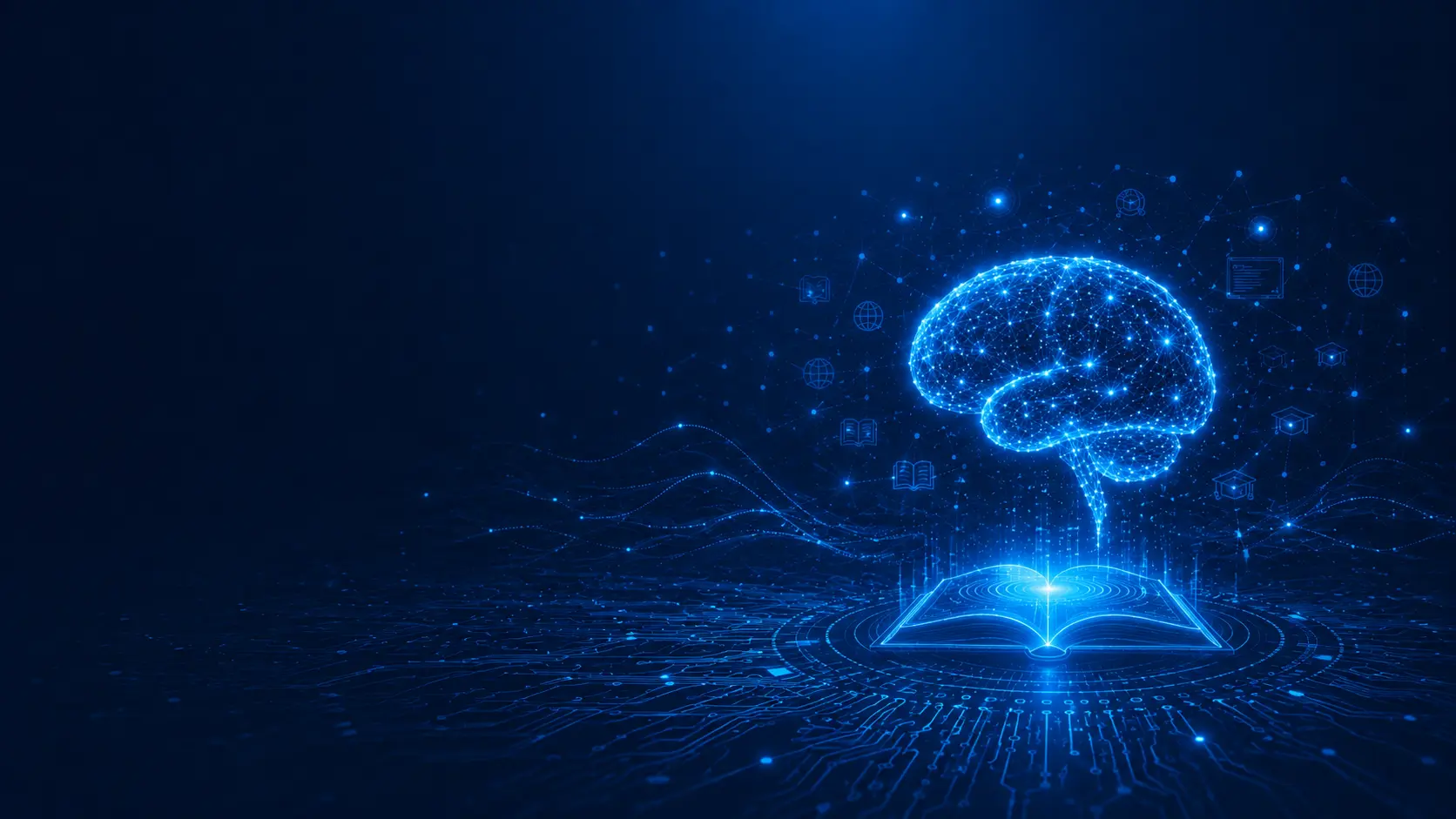 A glowing digital brain rising from an open book, representing education and technology